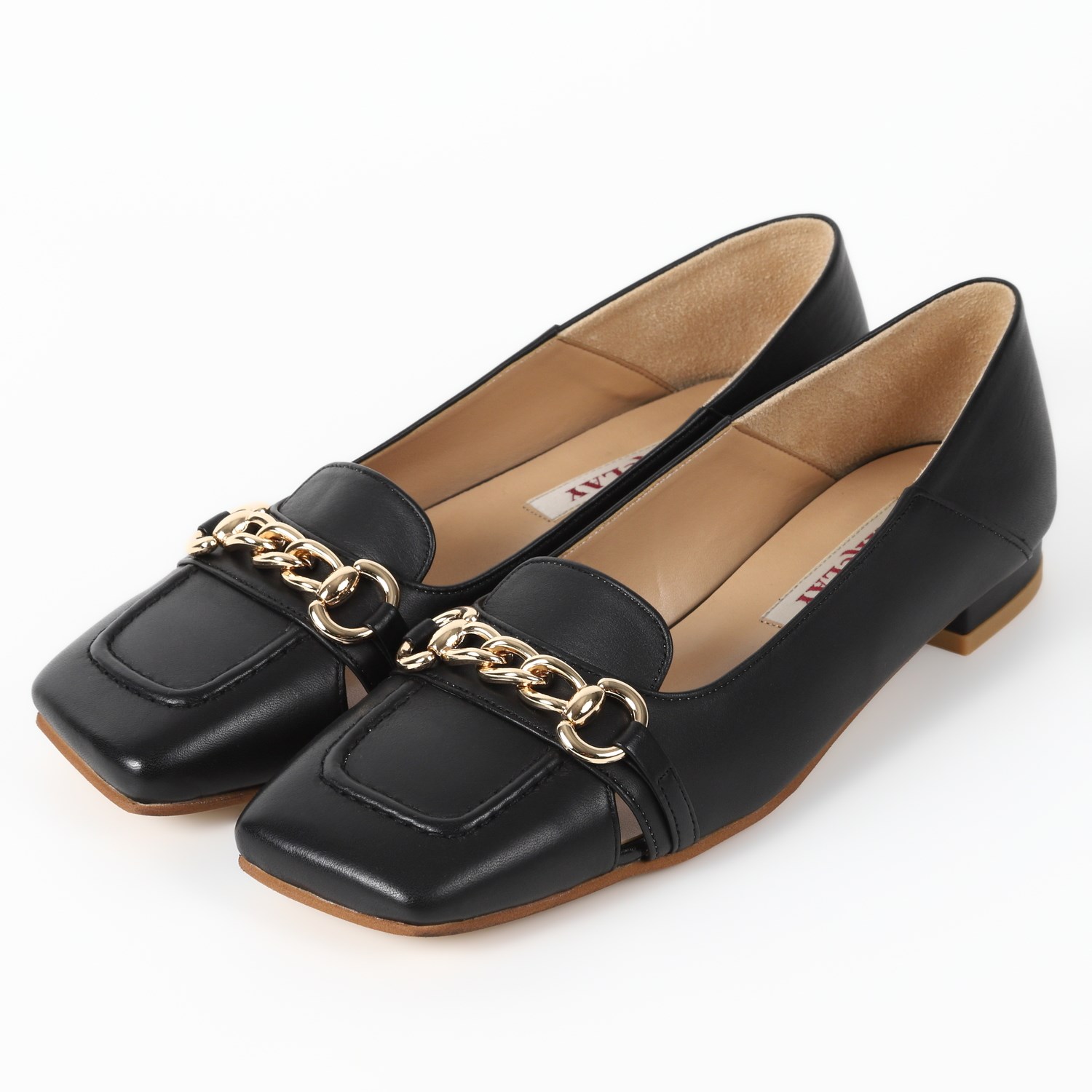 BARCLAワイドスクエアチェーンパンプス　ブラック