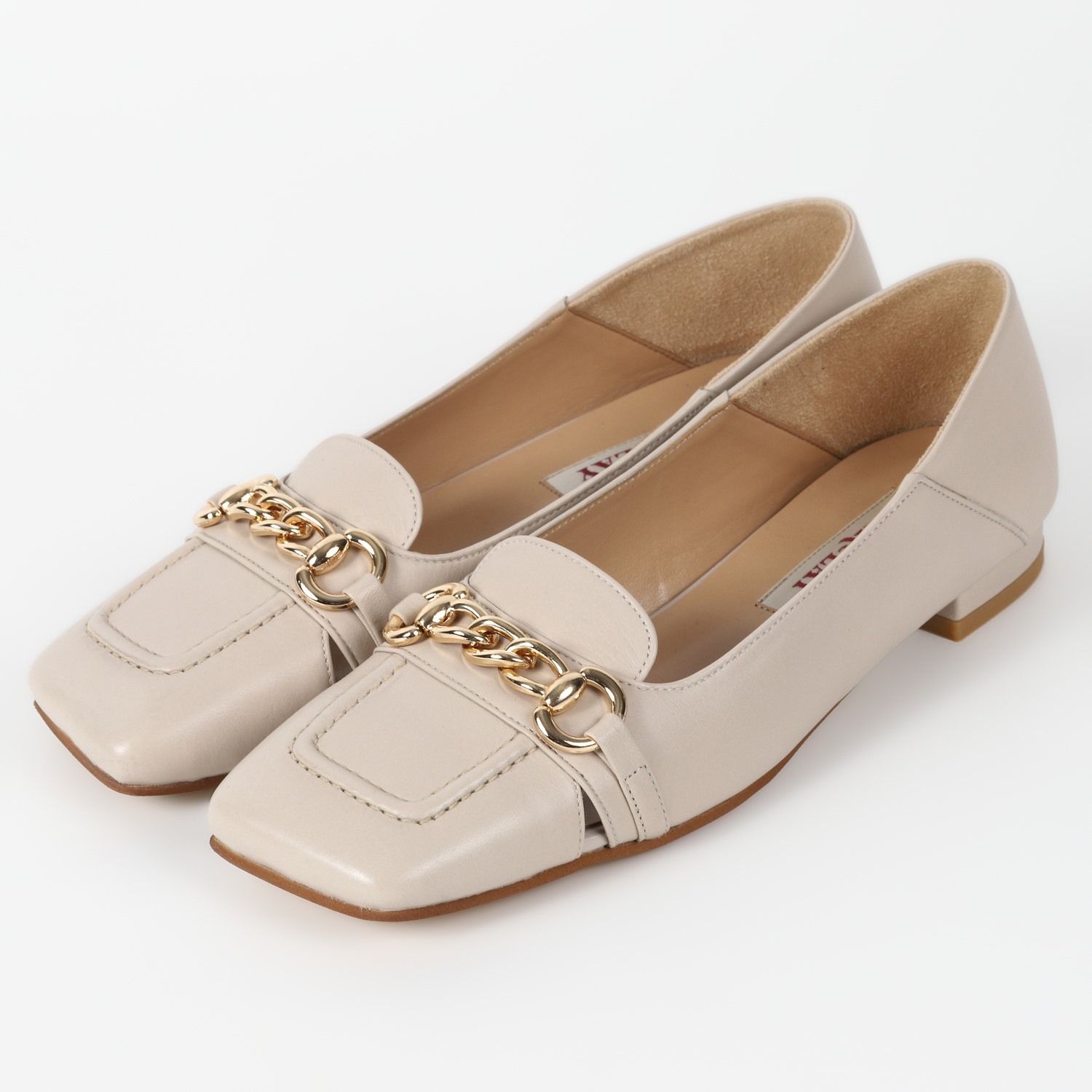 BARCLAワイドスクエアチェーンパンプス　ライトベージュ