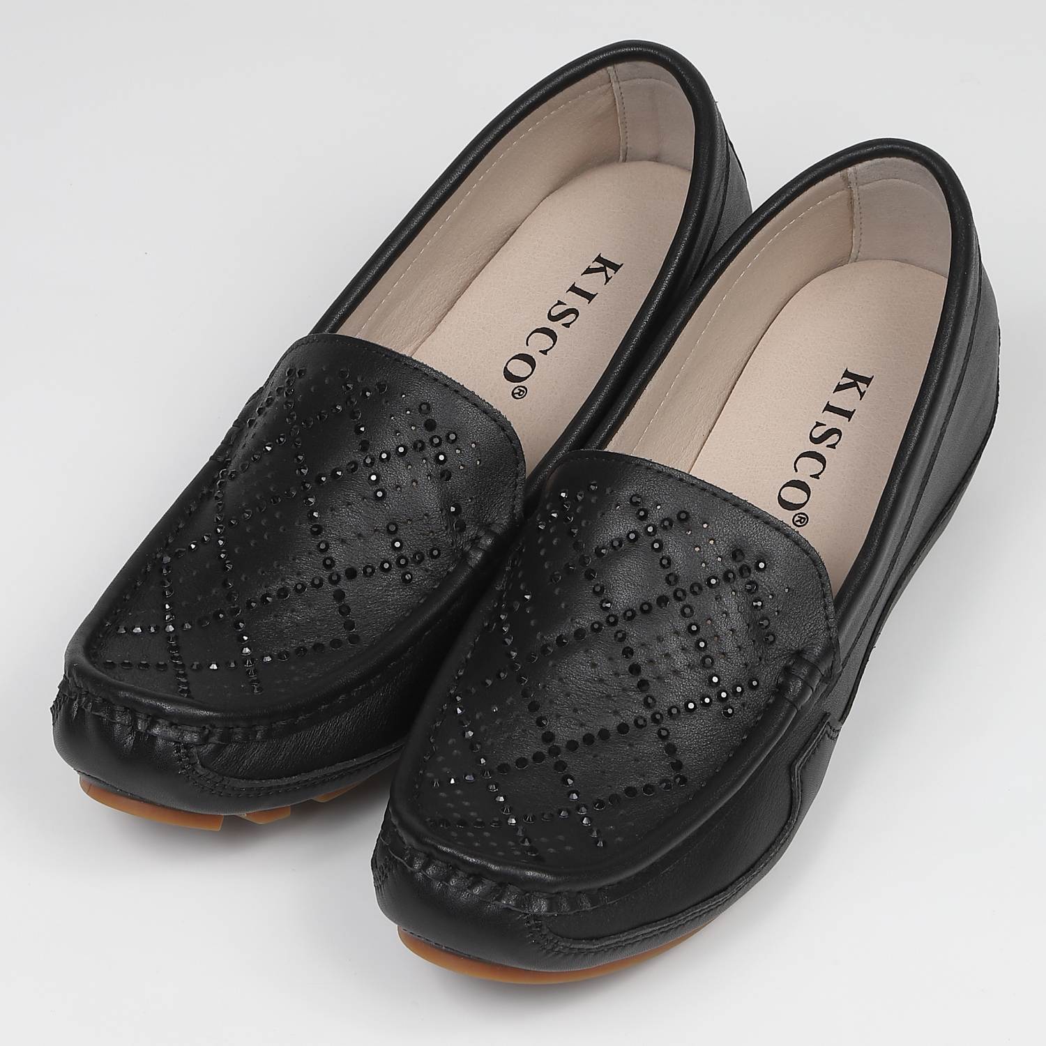 KISCOインヒールストーンカットモカシン　ブラック